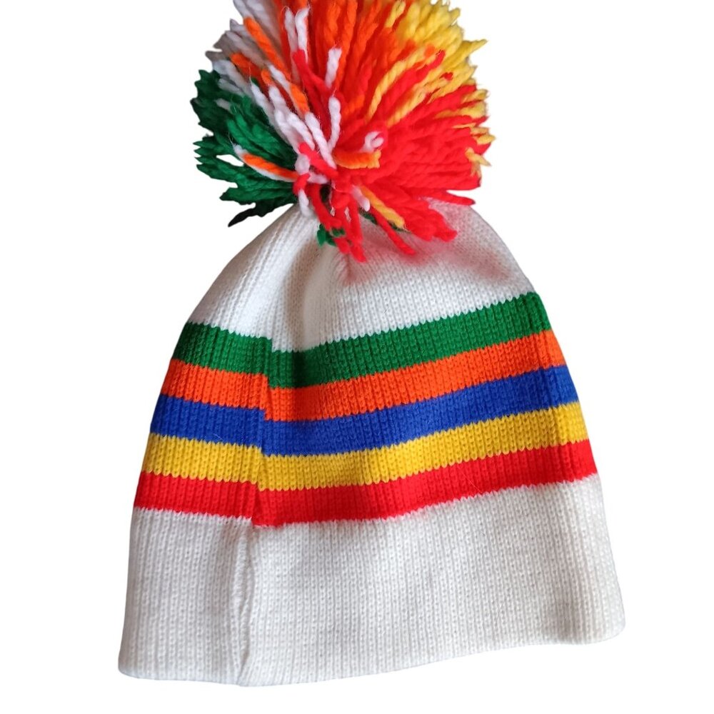 Vintage White Knit Beanie With Multi-Color Stripes & Pom 1980's Rainbow LBGTQ